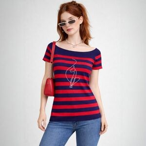 Y2K Baby Phat Red Striped Sweater Blue Embroidered Logo Retro Nautical Size 2X